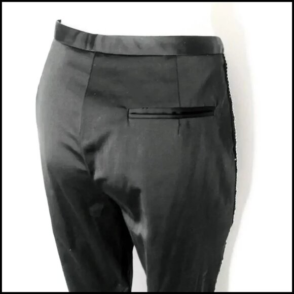 Black Satin Stretch Pants with Rhinestones, Boot Cut Bougie Evening Glam 90s - Picture 5 of 16